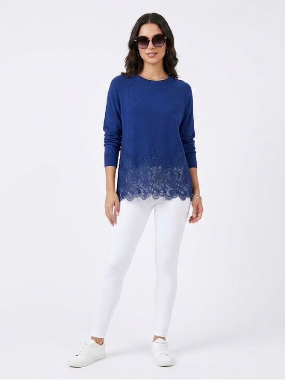Logo Blue Lace-Hem Pullover Sweater